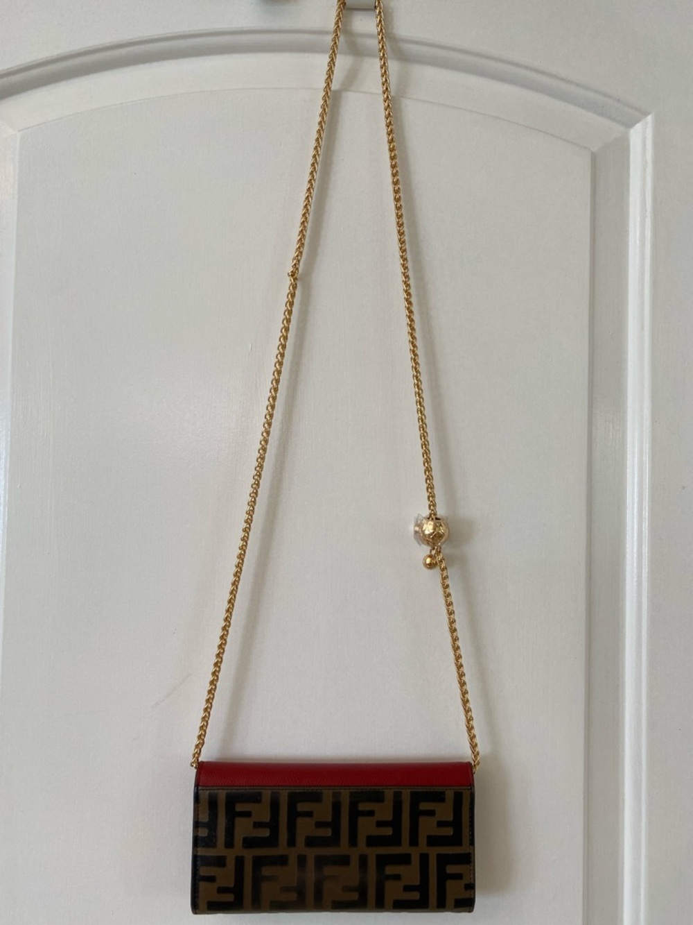 Fendi Red & Brown FF Logo Continental Envelope Zucca Monogram Wallet w/ Chain - Picture 2 of 14